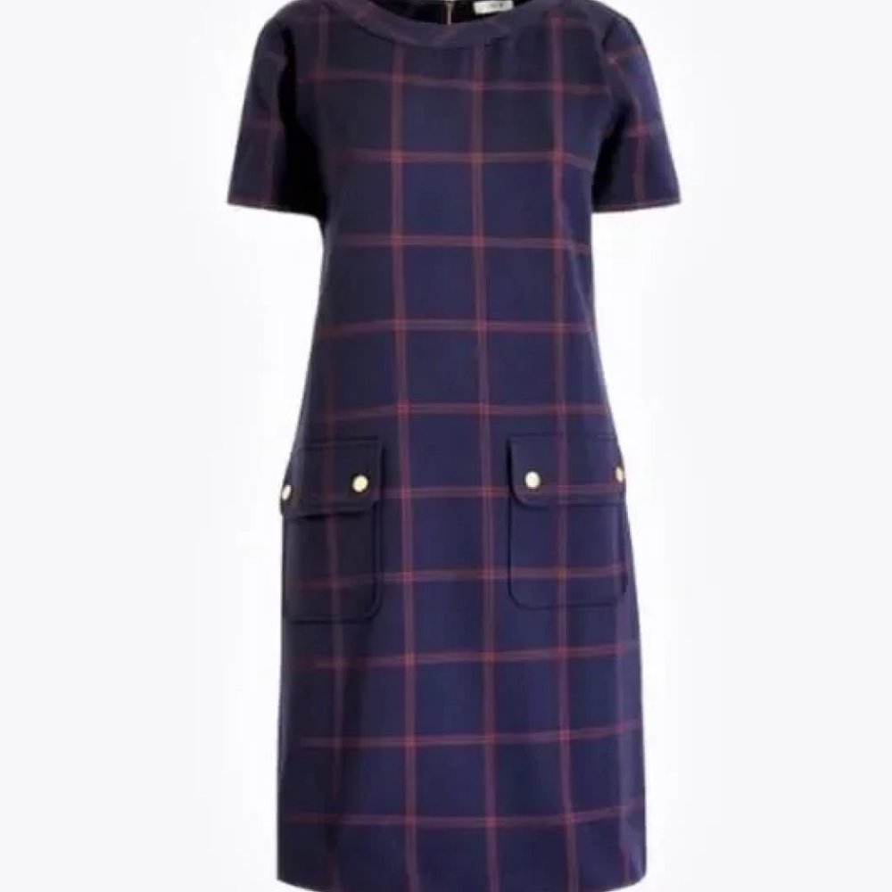 J. Crew Plaid Relaxed Printed Pocket Dress Navy Size 0